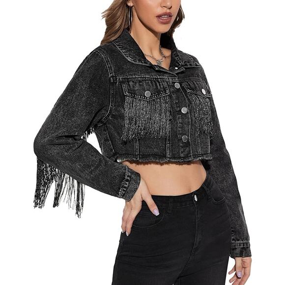Fringe Cropped Distressed Y2K Denim Jacket Medium Western Raw Hem Grunge Retro - Picture 1 of 9